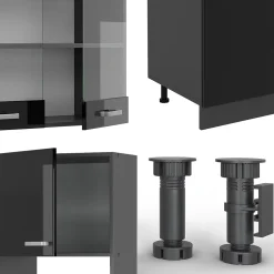 Vicco Cuisine Noir brillant/Anthracite 300cm avec armoire haute, PT Anthracite
