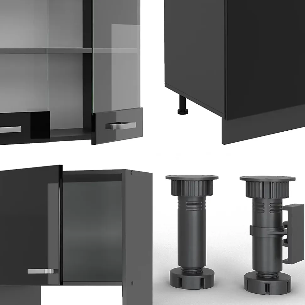 Vicco Cuisine Noir brillant/Anthracite 300cm avec armoire haute, PT Anthracite