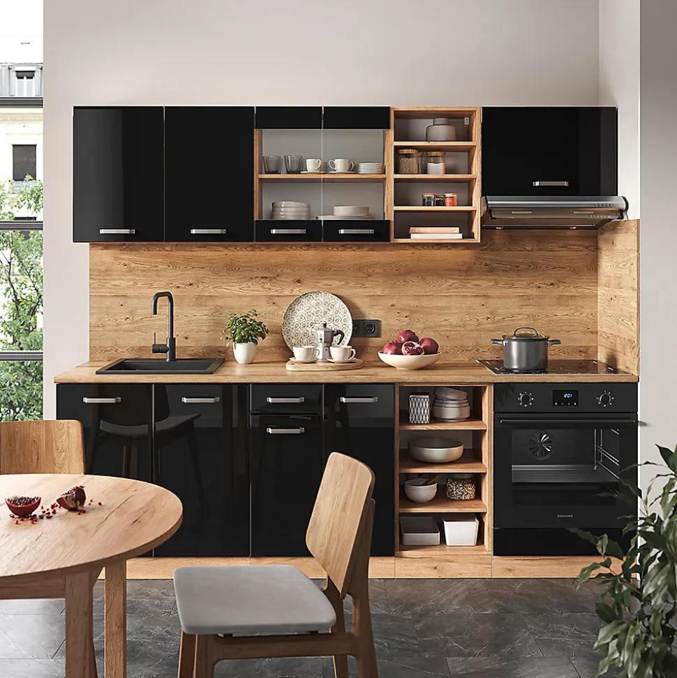 Vicco Cuisine Noir brillant/Chêne doré 240cm sans PT