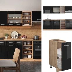 Vicco Cuisine Noir brillant/Chêne doré 240cm sans PT