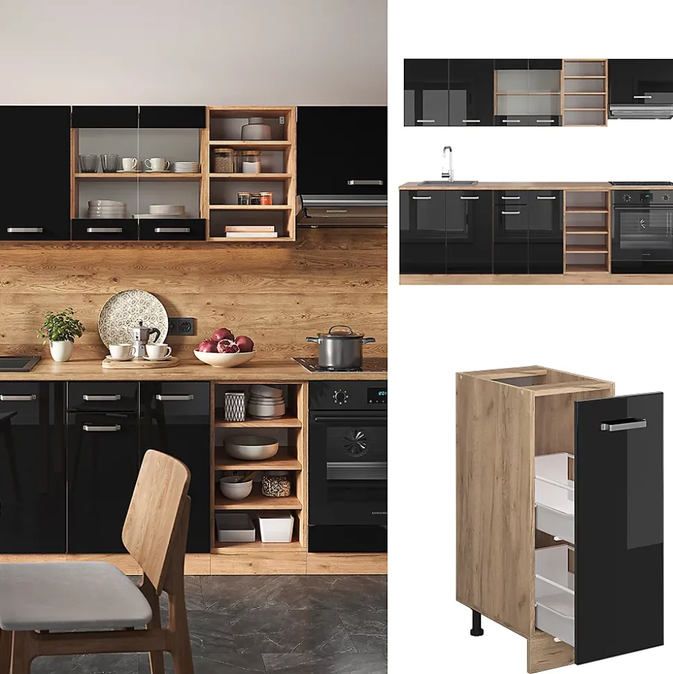 Vicco Cuisine Noir brillant/Chêne doré 240cm sans PT