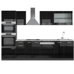 Vicco Cuisine Noir brillant/Anthracite 300cm avec armoire haute, PT Marbre