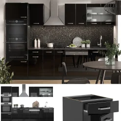 Vicco Cuisine Noir brillant/Anthracite 300cm avec armoire haute, PT Marbre