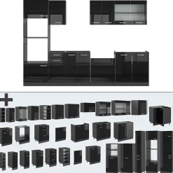 Vicco Cuisine Noir brillant/Anthracite 300cm avec armoire haute, PT Marbre