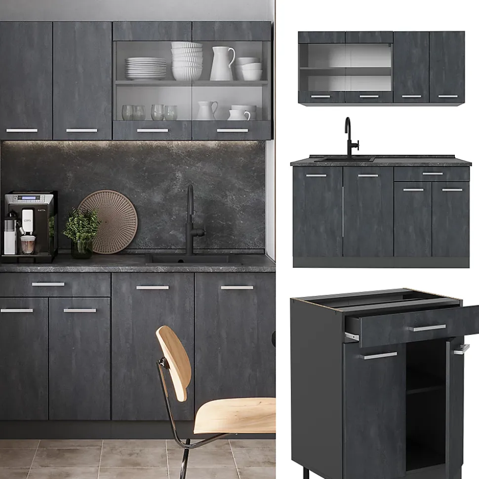 Vicco Cuisine Noir Béton/Anthracite 140cm sans PT