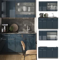 Vicco Cuisine pour une personne Bleu foncé brillant/Anthracite 140cm , PT Chêne