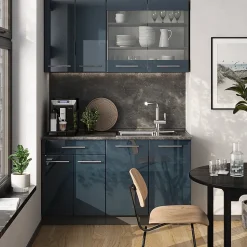 Vicco Cuisine pour une personne Bleu foncé brillant/Anthracite 140cm , PT Chêne