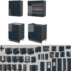 Vicco Cuisine pour une personne Bleu foncé brillant/Anthracite 140cm , PT Chêne