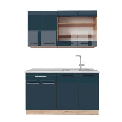 Vicco Cuisine pour une personne bleu foncé brillant/chêne doré 140cm , PT Marbre