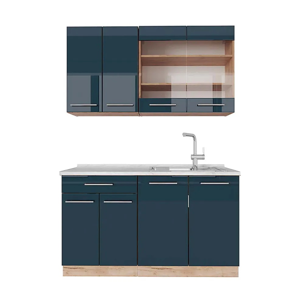 Vicco Cuisine pour une personne bleu foncé brillant/chêne doré 140cm , PT Marbre