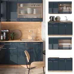 Vicco Cuisine pour une personne bleu foncé brillant/chêne doré 140cm , PT Marbre