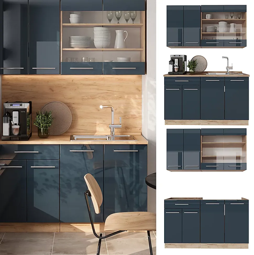 Vicco Cuisine pour une personne bleu foncé brillant/chêne doré 140cm , PT Marbre