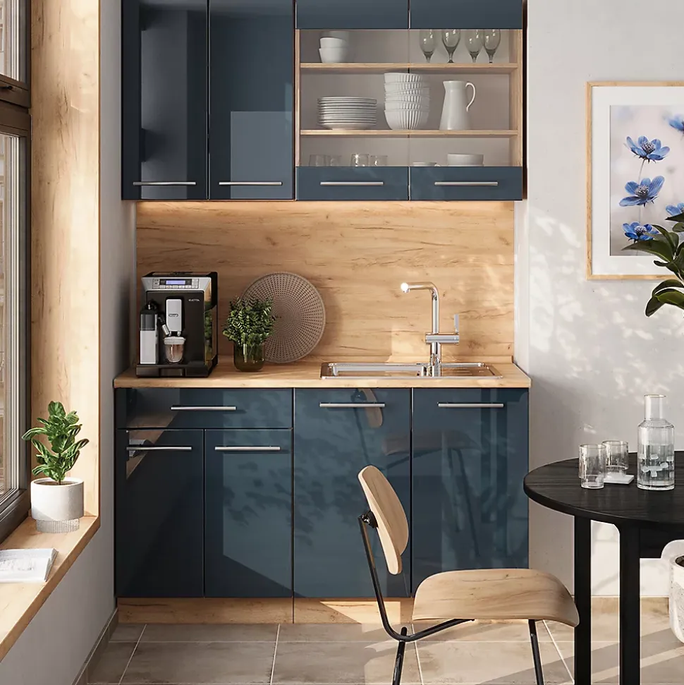 Vicco Cuisine pour une personne bleu foncé brillant/chêne doré 140cm , PT Marbre