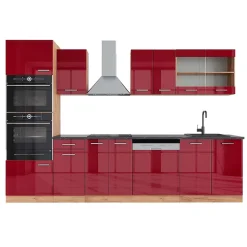 Vicco Cuisine Rouge brillant/Chêne doré 300cm avec armoire haute, PT Anthracite