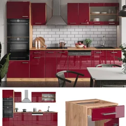 Vicco Cuisine Rouge brillant/Chêne doré 300cm avec armoire haute, PT Anthracite