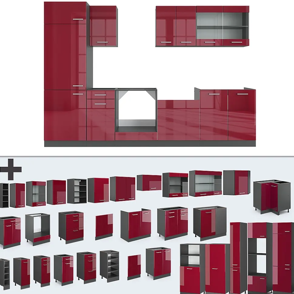 Vicco Cuisine Rouge brillant/Anthracite 300cm , PT Marbre