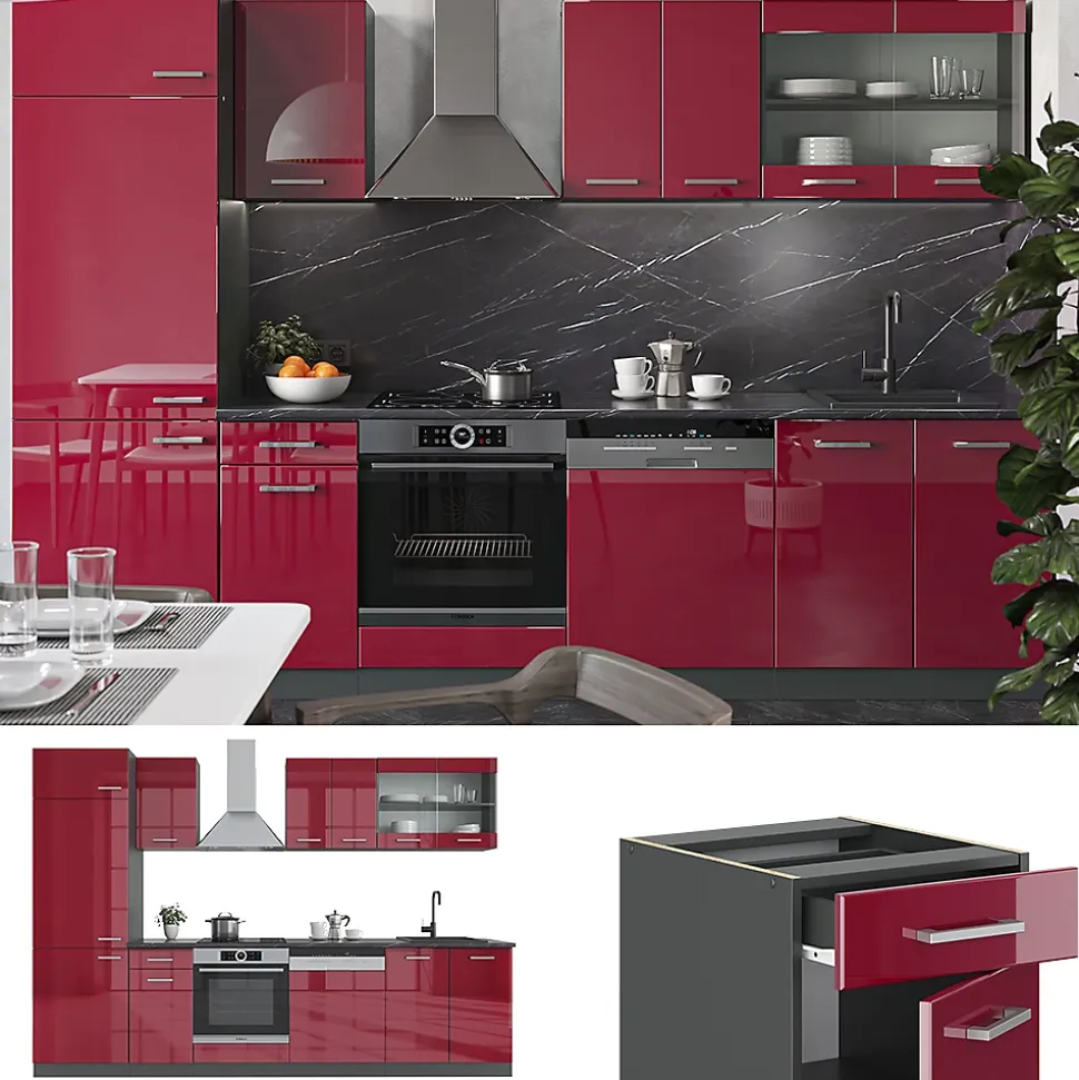 Vicco Cuisine Rouge brillant/Anthracite 300cm , PT Marbre