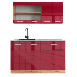 Vicco Cuisine Rouge brillant/Chêne doré 140cm , PT Marbre