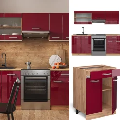 Vicco Cuisine Rouge brillant/Chêne doré 200cm sans PT