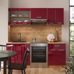 Vicco Cuisine Rouge brillant/Chêne doré 200cm sans PT