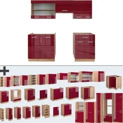 Vicco Cuisine Rouge brillant/Chêne doré 200cm sans PT