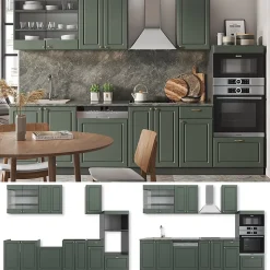 Vicco Cuisine Vert et or campagne/anthracite 300cm avec armoire haute, PT Chêne