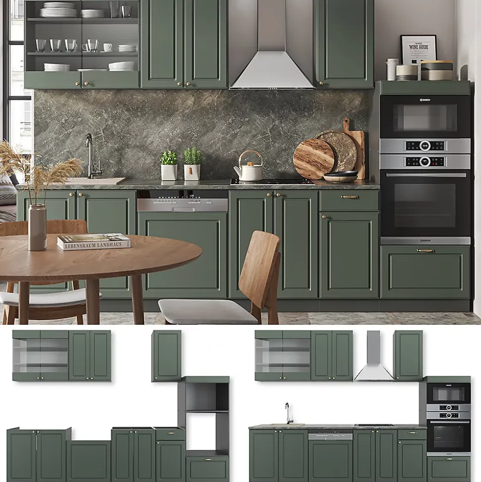 Vicco Cuisine Vert et or campagne/anthracite 300cm avec armoire haute, PT Chêne