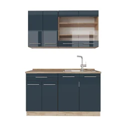 Vicco Kitchenette bleu foncé brillant/chêne doré 140cm sans PT