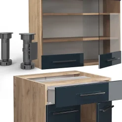 Vicco Kitchenette bleu foncé brillant/chêne doré 140cm sans PT