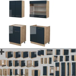 Vicco Kitchenette bleu foncé brillant/chêne doré 140cm sans PT