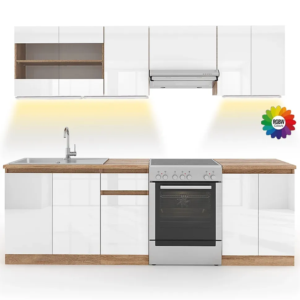 Vicco Ligne de cuisine Blanc 240cm , PT Sonoma avec bande LED
