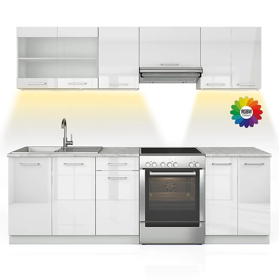 Vicco Ligne de cuisine Blanc Haute brillance 240cm , PT Marbre avec bande LED