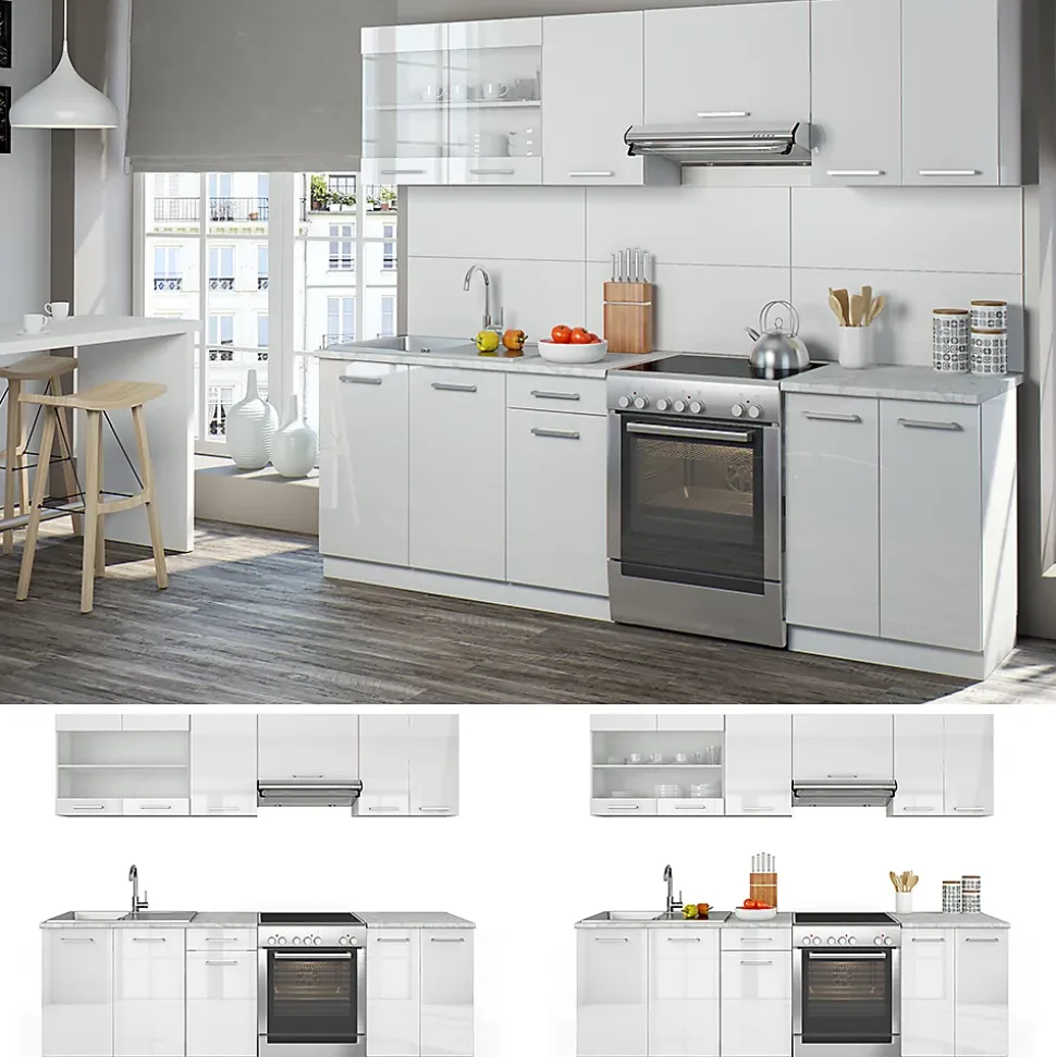 Vicco Ligne de cuisine Blanc Haute brillance 240cm , PT Marbre avec bande LED