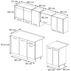 Vicco Ligne de cuisine Blanc Haute brillance 240cm , PT Marbre avec bande LED