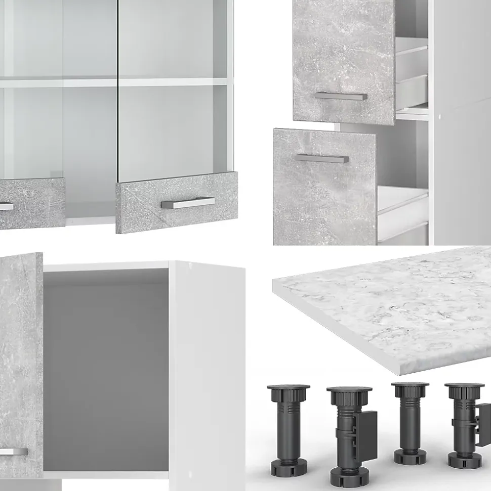 Vicco Ligne de cuisine Béton/blanc 350cm avec armoire haute, PT Anthracite