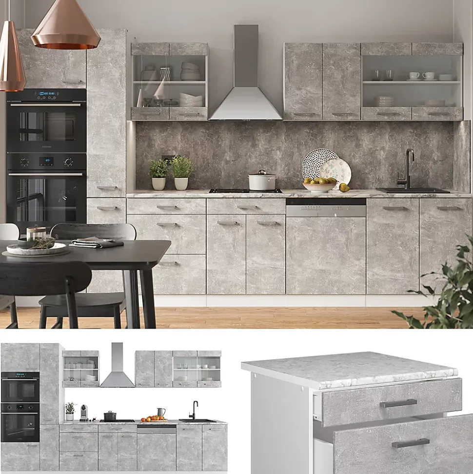 Vicco Ligne de cuisine Béton/blanc 350cm avec armoire haute, PT Anthracite