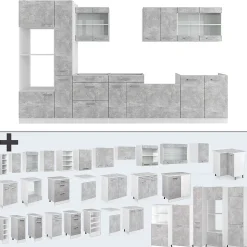 Vicco Ligne de cuisine Béton/blanc 350cm avec armoire haute, PT Anthracite