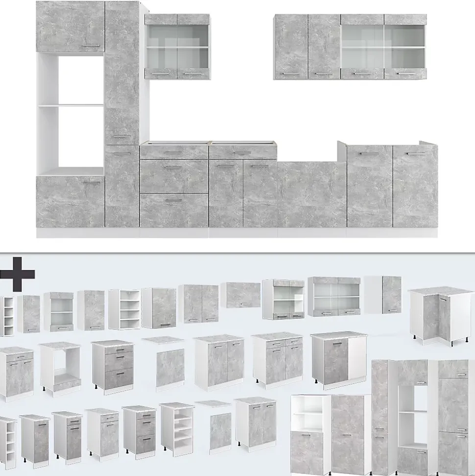 Vicco Ligne de cuisine Béton/blanc 350cm avec armoire haute, PT Anthracite