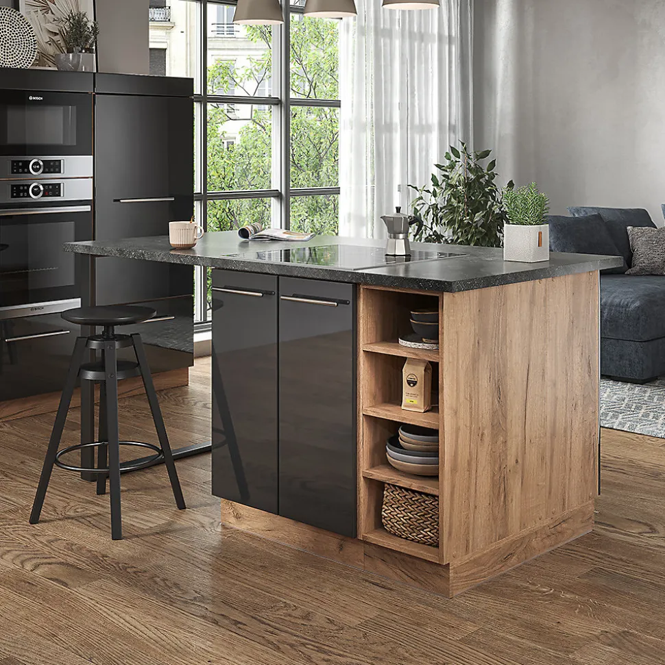 Vicco Îlot de cuisine Anthracite brillant/Chêne doré 90cm sans PT