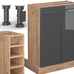 Vicco Îlot de cuisine Anthracite brillant/Chêne doré 90cm sans PT