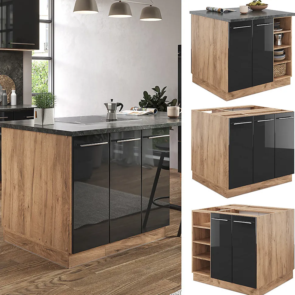 Vicco Îlot de cuisine Anthracite brillant/Chêne doré 90cm sans PT