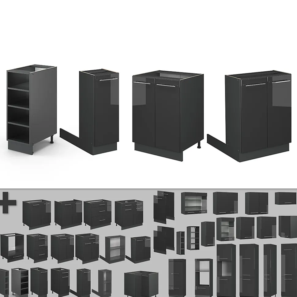 Vicco Îlot de cuisine Anthracite Haute brillance 90cm sans PT