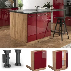 Vicco Îlot de cuisine Rouge bordeaux Haute brillance 60cm sans PT