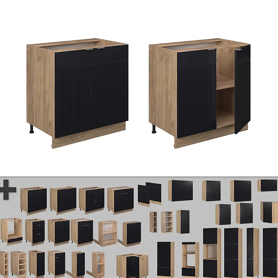 Vicco Meuble bas de cuisine Noir rayé 80cm avec étagère, sans PT