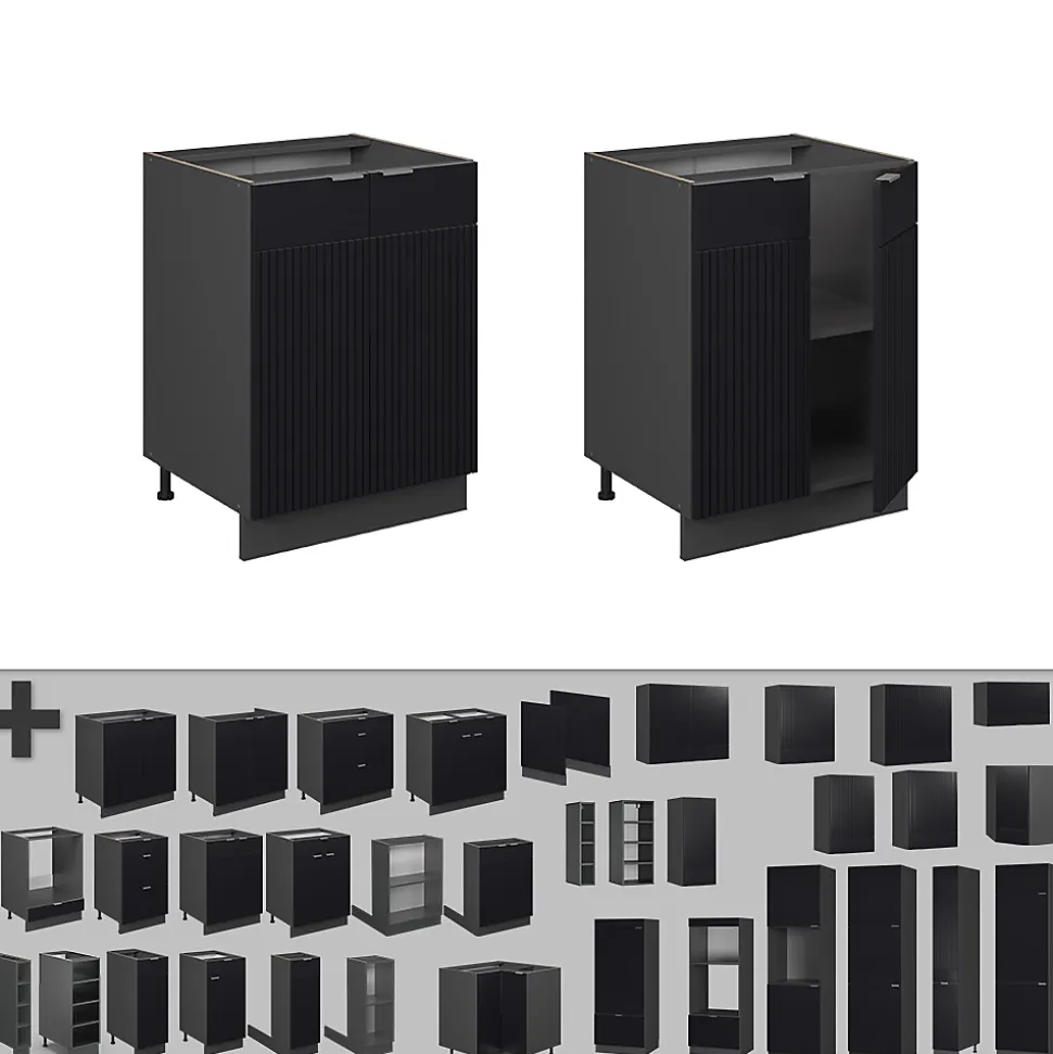 Vicco Meuble bas de cuisine Noir rayé 60cm , PT Chêne