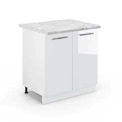 Vicco Meuble bas sous-évier Blanc Haute brillance 80cm , PT Marbre