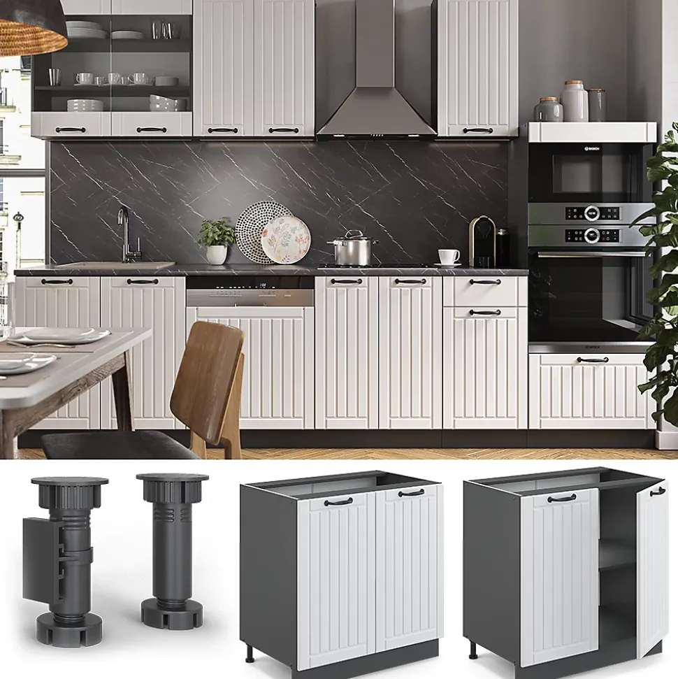 Vicco Meuble bas sous-évier Blanc campagne 80cm avec étagère, PT Marbre