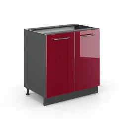 Vicco Meuble bas sous-évier Rouge bordeaux Haute brillance 80cm avec étagère, sans PT