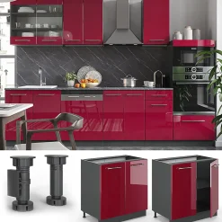 Vicco Meuble bas sous-évier Rouge bordeaux Haute brillance 80cm avec étagère, sans PT