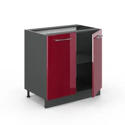 Vicco Meuble bas sous-évier Rouge bordeaux Haute brillance 80cm avec étagère, sans PT